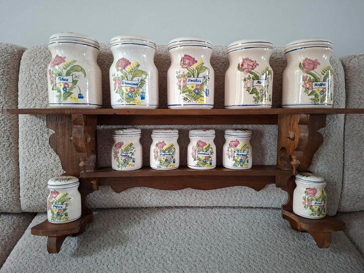 Houten rekje met vintage voorraadpotten (11 stuks), Huis en Inrichting, Keuken | Keukenbenodigdheden, Gebruikt, Ophalen