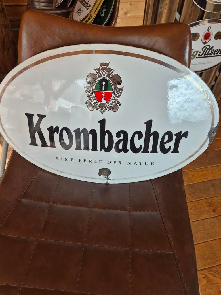 Emaille krombacher bord, Ophalen of Verzenden, Gebruikt, Reclamebord, Plaat of Schild, Overige merken