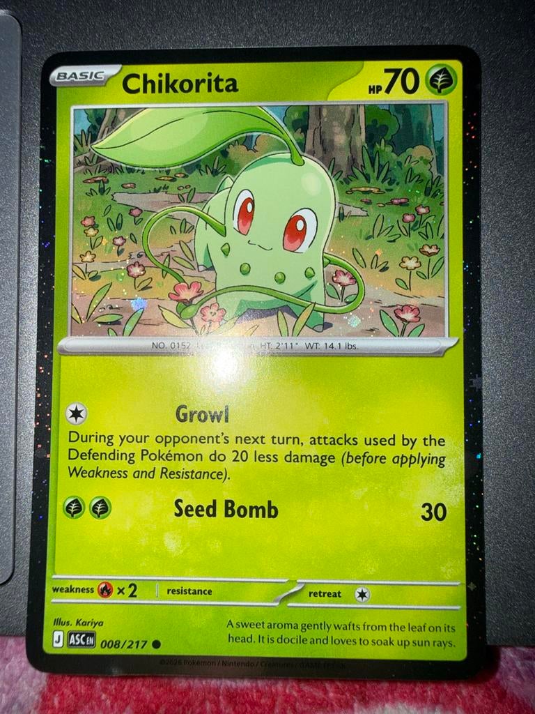 Pokémon Chikorita kaart 008/217 ascnede, Ophalen of Verzenden, Gebruikt, Losse kaart, Foil