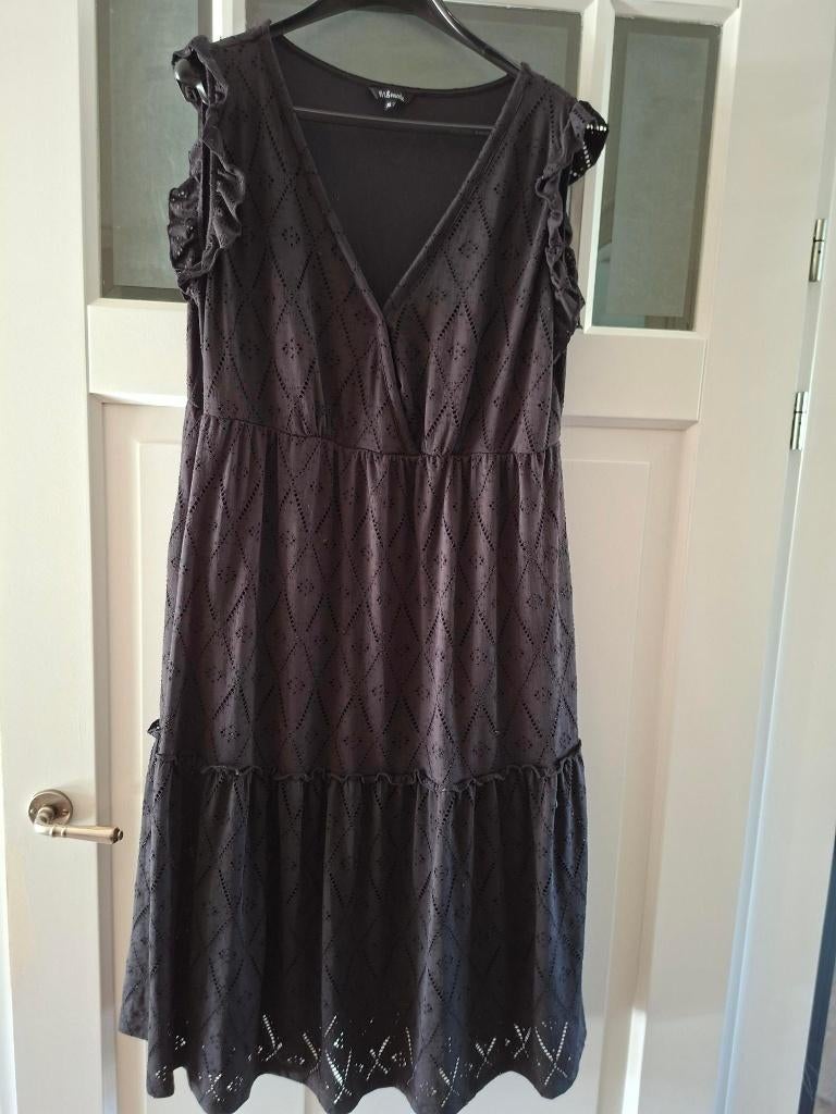 Zwarte strokenjurk met broderie MS mode maat xl ook 48, Ophalen of Verzenden, Zo goed als nieuw, Zwart