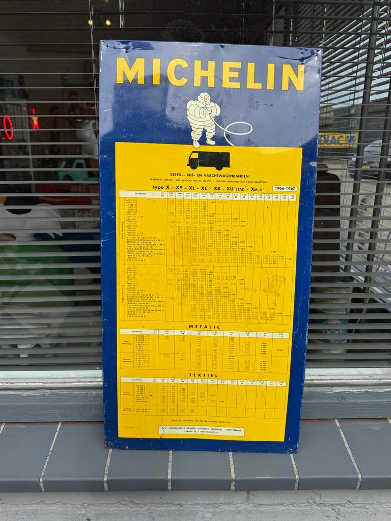 Vintage Michelin Reclamebord - Bandentabel 1966-1967, Verzamelen, Reclamebord, Gebruikt, ., Ophalen of Verzenden