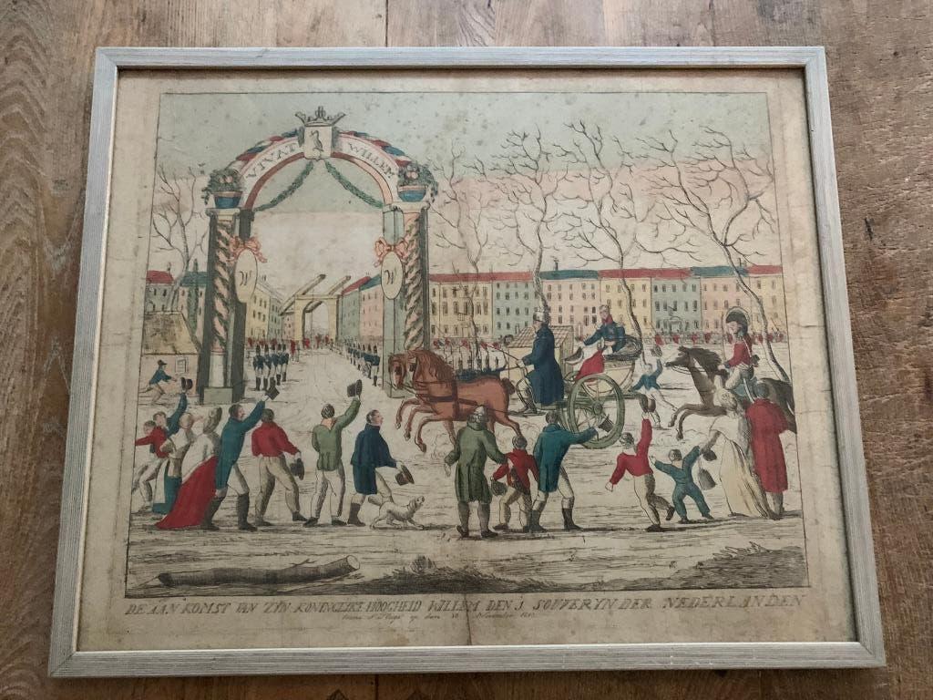 Handgekleurde gravure aankomst Willem I in Den Haag 1813, Ophalen of Verzenden