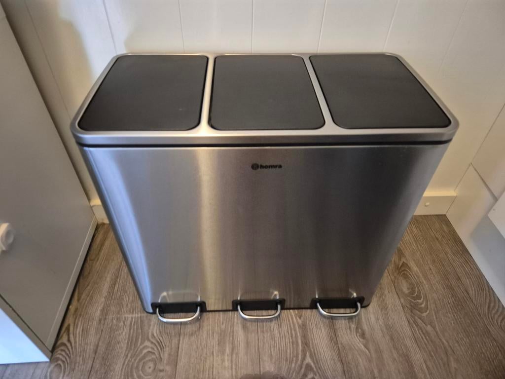 Homra Prullenbak 3 Vaks RVS - Afvalscheiding, Huis en Inrichting, Ophalen, Met pedaal, 40 liter of meer, Zo goed als nieuw