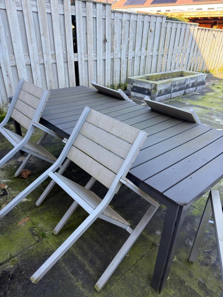 Tuintafel met 5 stoelen - Grijs, Tuin en Terras, Tuintafels, Ophalen, Gebruikt, Rechthoekig, Metaal