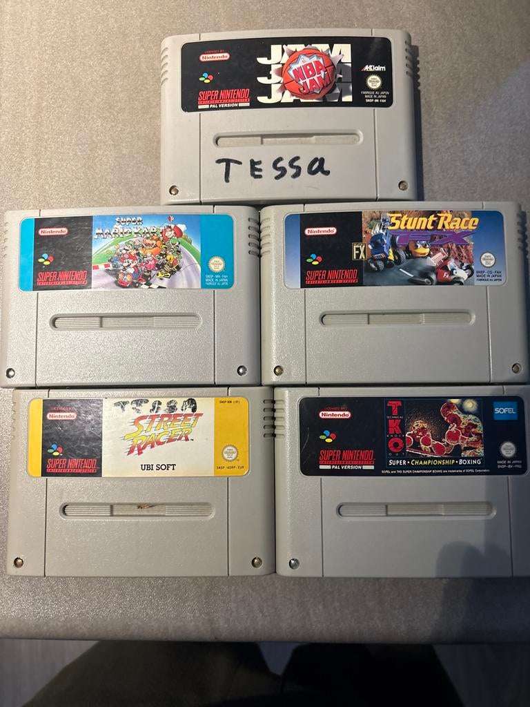 Super Nintendo Spelletjes - Mario Kart, NBA Jam, Stunt Race, 2 spelers, Ophalen of Verzenden, Gebruikt, Racen en Vliegen