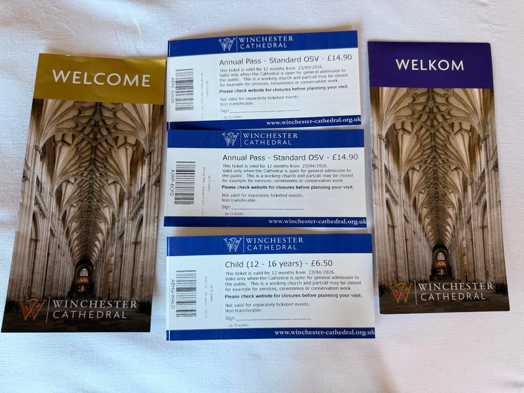 Tickets/ entreekaarten/jaarkaart Winchester Cathedral, Drie personen of meer, Ticket of Toegangskaart