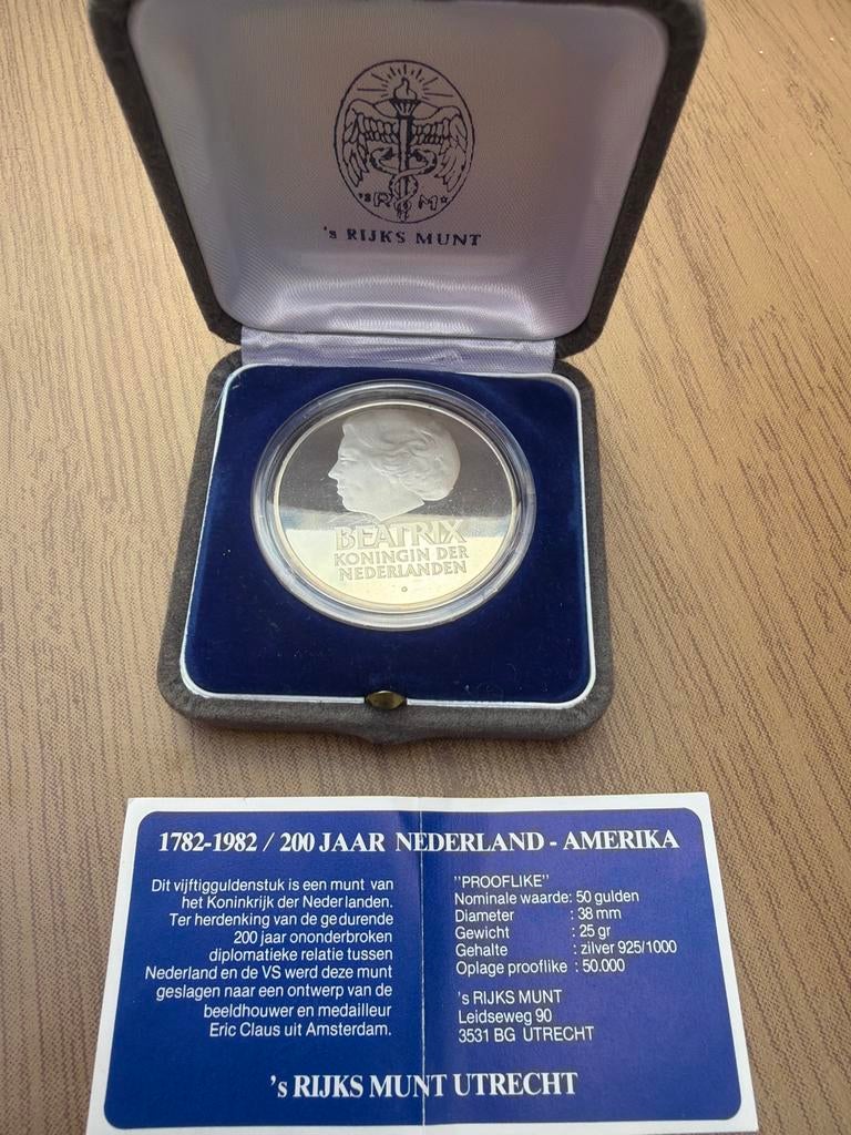 Zilveren 50 gulden munt 1982 Nederland - Amerika, Postzegels en Munten, Munten | Nederland, Koningin Beatrix, Zilver, Ophalen of Verzenden