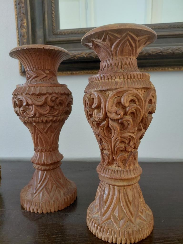 Set van 2 handgesneden teak kandelaars/vazen Thailand, Antiek en Kunst, Antiek | Vazen, Ophalen of Verzenden