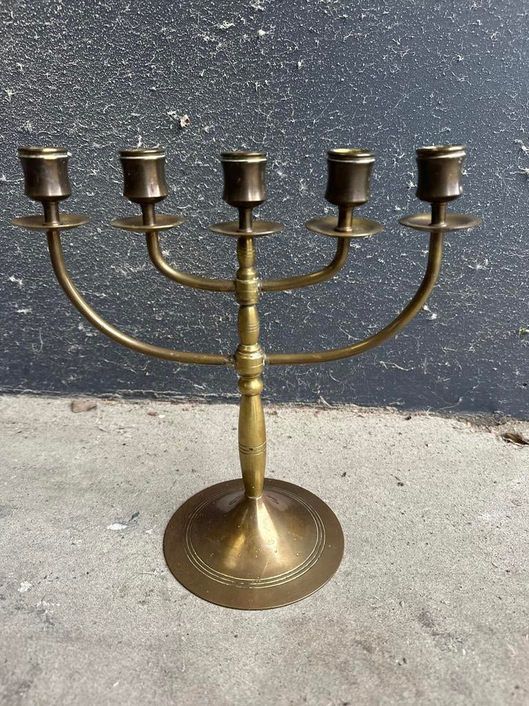 Vintage Koperen Kandelaar - 5-armige Menorah Stijl, Ophalen, Koper of Brons