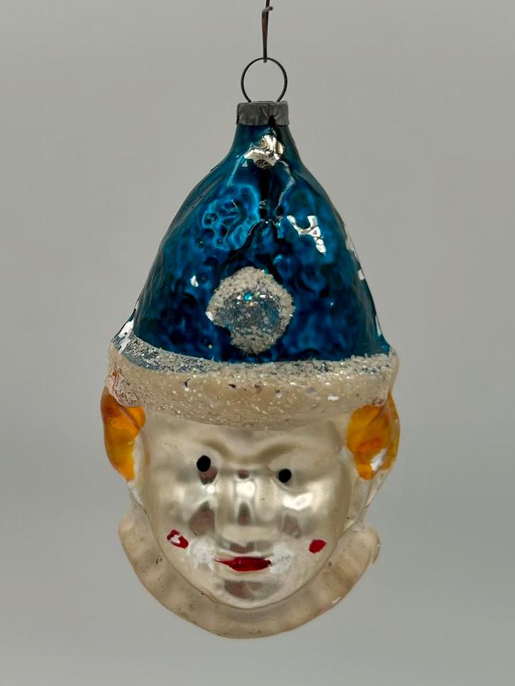 Oude kerstbal clownshoofd gezicht hoofd clown Pierrot, Diversen, Kerst, Gebruikt, Ophalen of Verzenden