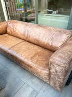 Stoere cognac leren bank, Huis en Inrichting, Banken | Bankstellen, Ophalen, Gebruikt, Driepersoons, Rechte bank
