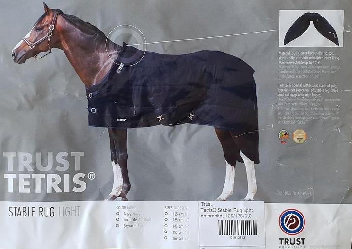 Paardendeken TRUST Stable Rug Light 125/175/6.0 Antraciet, Dieren en Toebehoren, Paarden en Pony's | Dekens en Dekjes, Nieuw, Deken