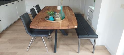 Set van eetkamerbankje en 3 stoelen, Huis en Inrichting, Stoelen, Zo goed als nieuw, Leer, Zwart, Ophalen