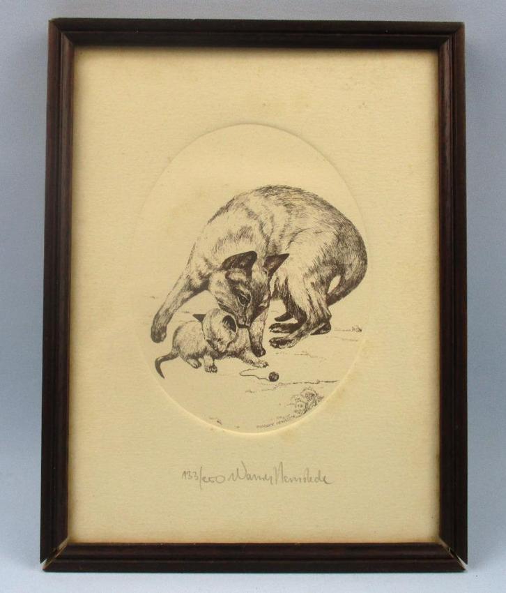 Ets van poes met kitten Warner Hemstede (1948), Antiek en Kunst, Kunst | Etsen en Gravures, Ophalen of Verzenden