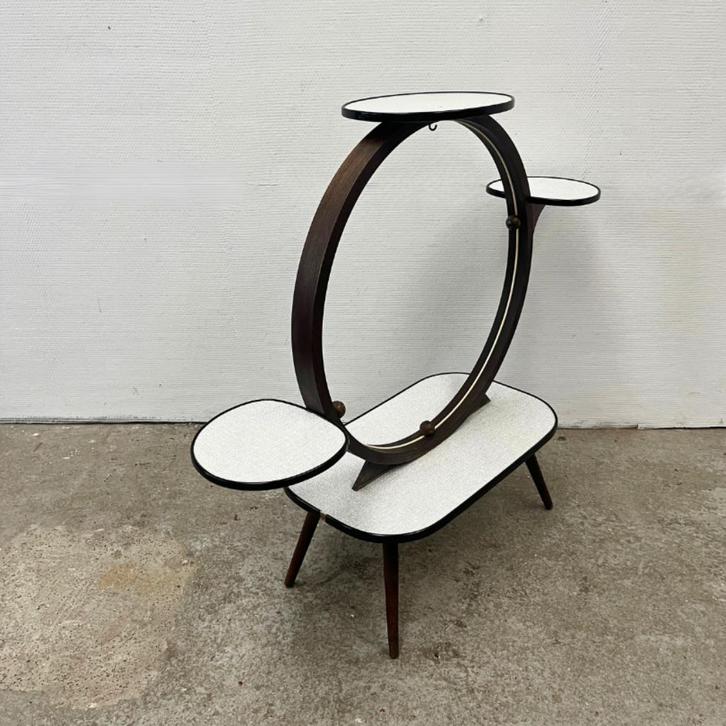 Vintage, cirkelvormige plantentafel met etages in zwart-wit, Huis en Inrichting, Woonaccessoires | Overige, Gebruikt, Ophalen