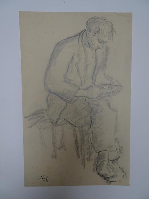 tekening schrijvende man op kruk, Jan Vink 1945, van Gogh, Antiek en Kunst, Kunst | Tekeningen en Foto's, Verzenden