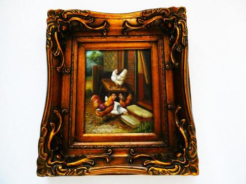 Schilderij haan / kippen pluimvee fraaie goudvergulde lijst, Antiek en Kunst, Kunst | Schilderijen | Klassiek, Ophalen of Verzenden