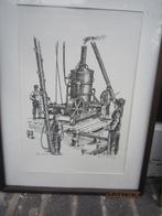 Stoommachine met mensen, Steendruk van Paul Kerrebijn, Antiek en Kunst, Kunst | Litho's en Zeefdrukken, Ophalen of Verzenden
