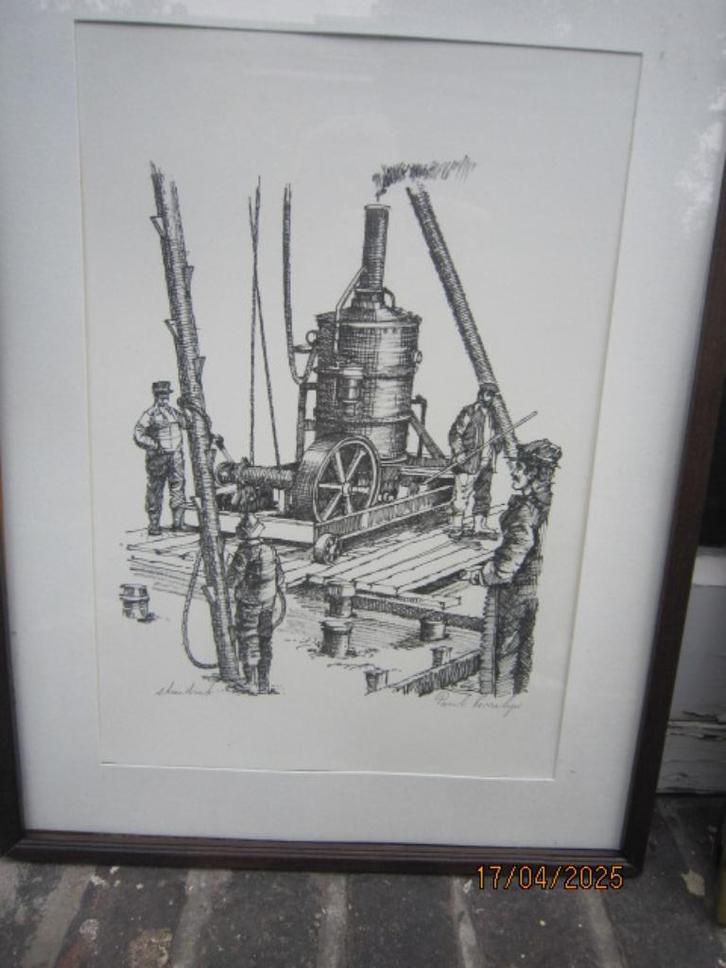 Stoommachine met mensen, Steendruk van Paul Kerrebijn, Antiek en Kunst, Kunst | Litho's en Zeefdrukken, Ophalen of Verzenden