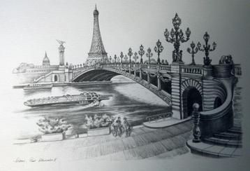 Pentekening van de 'Brug van Alexandre III' in Parijs. beschikbaar voor biedingen