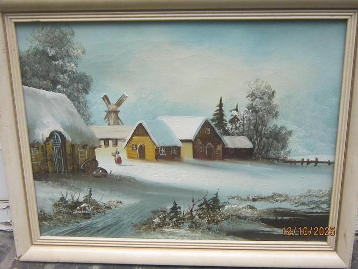 Gezellig wintergezicht met huisjes/vrouwtje i/d Sneeuw, Antiek en Kunst, Kunst | Schilderijen | Klassiek, Ophalen