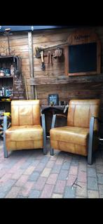 Set cognac leren fauteuils met rvs leuningen, Huis en Inrichting, Fauteuils, Fauteuils, Ophalen of Verzenden, Zo goed als nieuw