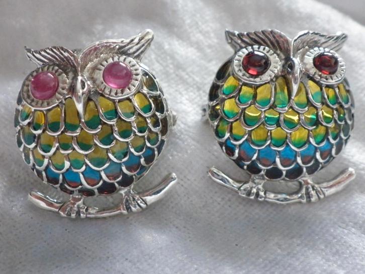 2 Mooie Ronde Zilveren Tiffany Hangers / Broches - Uiltjes, Sieraden, Tassen en Uiterlijk, Antieke sieraden, Broche, Zilver, Met edelsteen