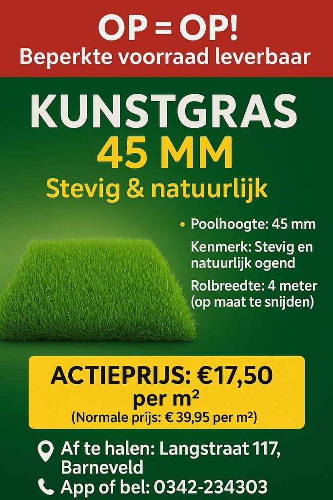 Kunstgras 45 mm – Stevig & natuurlijk Actie prijs!, Tuin en Terras, Gras en Kunstgras, Zo goed als nieuw, 20 m² of meer, Ophalen