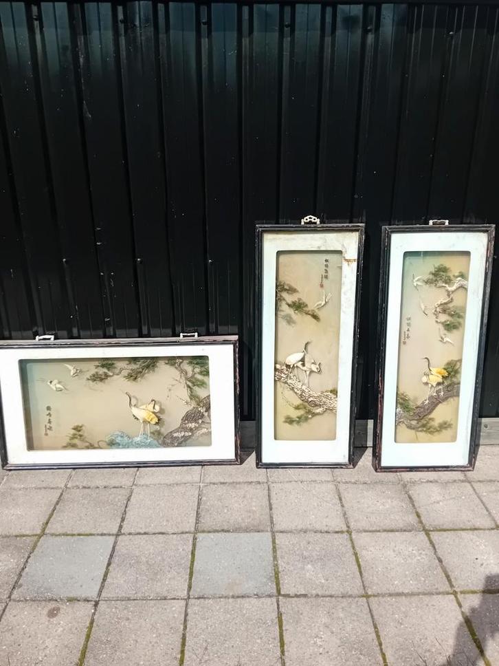 3 mooie zeer oude vintage diorama van kraanvogels jaren 60., Antiek en Kunst, Curiosa en Brocante, Ophalen
