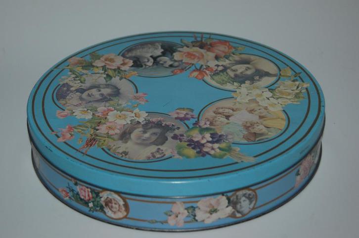 Nostalgische blikken trommel met poezie plaatjes, Verzamelen, Blikken, Gebruikt, Overige, Ophalen of Verzenden