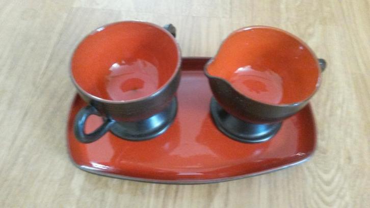 Retro Roomstelletje Oranje/Bruin, Huis en Inrichting, Keuken | Servies, Gebruikt, Overige typen, Overige stijlen, Aardewerk, Ophalen of Verzenden