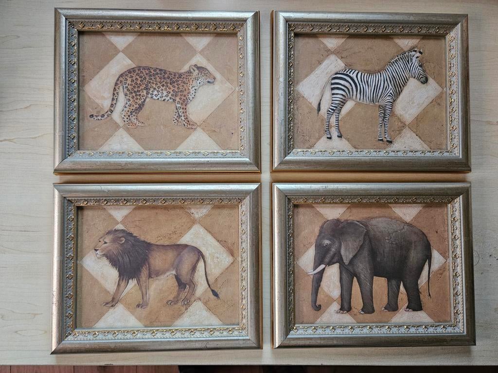 Set van 4 ingelijste dierenprints, Minder dan 50 cm, Oorspronkelijke maker, Ophalen of Verzenden, Minder dan 50 cm