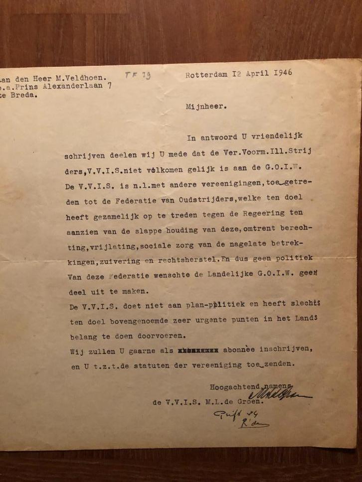 Geen eenheid in exverzet. Brief van 12 April 1946 van, Verzamelen, Militaria | Tweede Wereldoorlog, Boek of Tijdschrift, Nederland