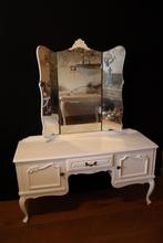 Queen ann kaptafel met 3 luiks spiegel Gerestyled  witte, Ophalen, 150 tot 200 cm, Zo goed als nieuw, 150 tot 200 cm