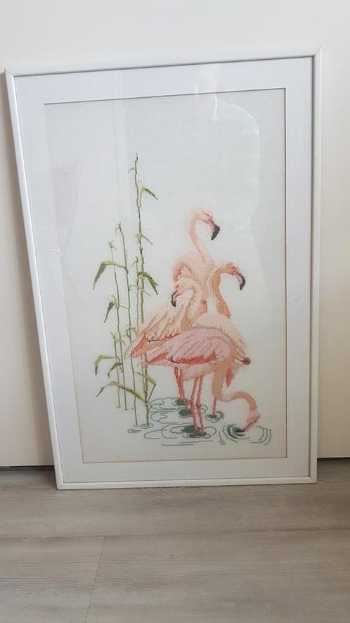 Schilderij flamingo Vintage jaren zestig geborduurd, Verzamelen, Retro, Ophalen