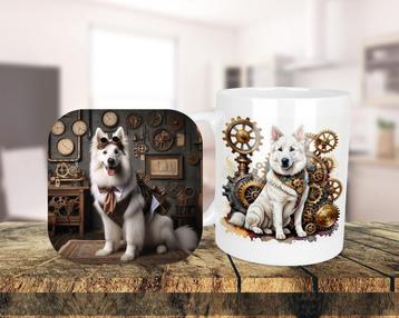 Witte Herder Steampunk set onderzetter + mok beschikbaar voor biedingen
