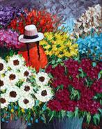 Peru. Olie Renzo, meisje witte en donkerrode bloemen 43x48cm, Antiek en Kunst, Kunst | Schilderijen | Klassiek, Ophalen