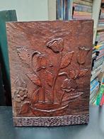 Houten snijwerk paneel bloemen in vaas, Antiek en Kunst, Ophalen of Verzenden