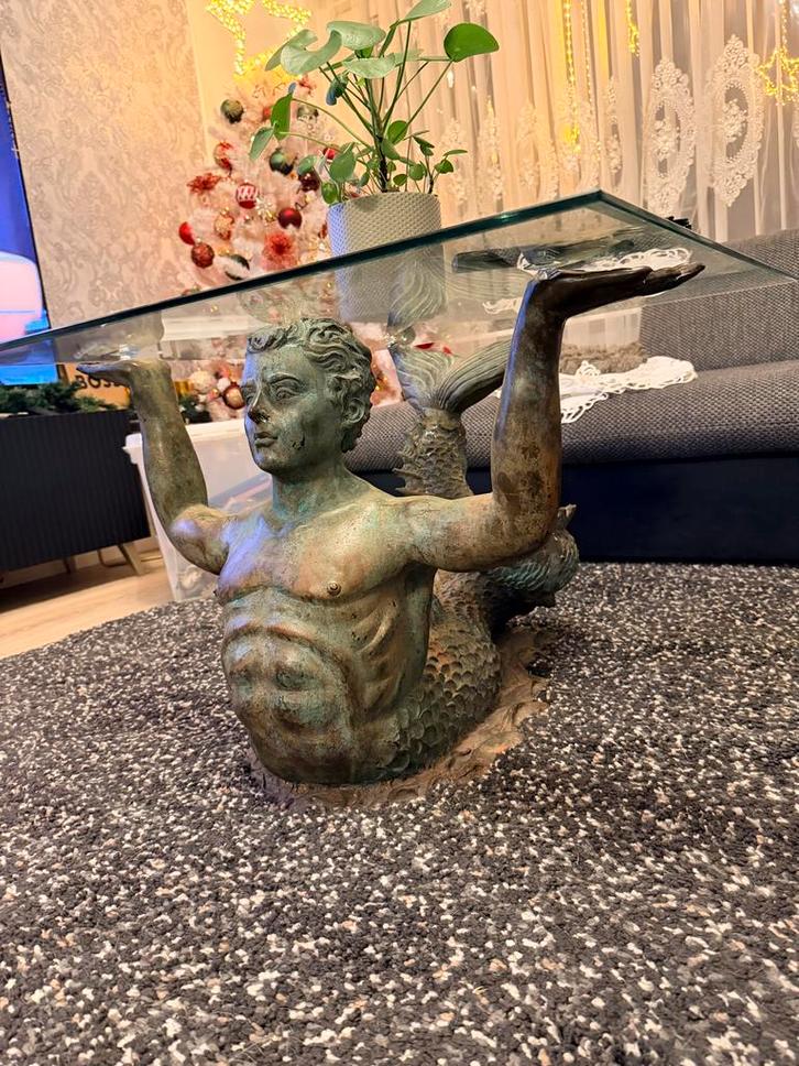 Antieke koperen salontafel met zeemeerman, Huis en Inrichting, Tafels | Salontafels, Gebruikt, Minder dan 50 cm, 50 tot 100 cm