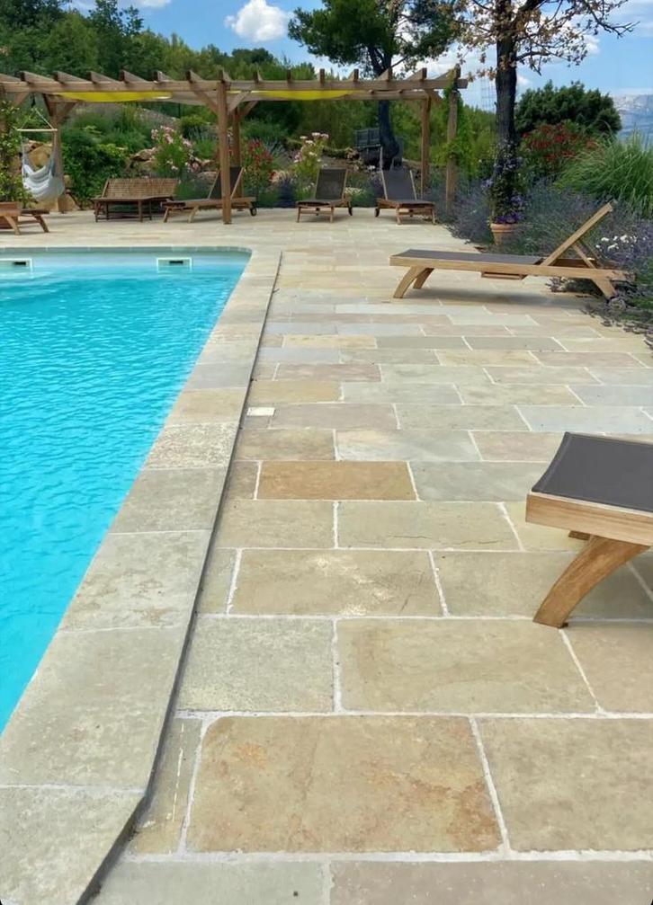 Partij 350m2 Bourgondische dallen buiten tegels, Tuin en Terras, Tegels en Klinkers, Zo goed als nieuw, Terrastegels, Natuursteen