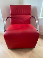 2 rode lederen fauteuils, Huis en Inrichting, Fauteuils, Ophalen, Modern., Minder dan 75 cm, Leer