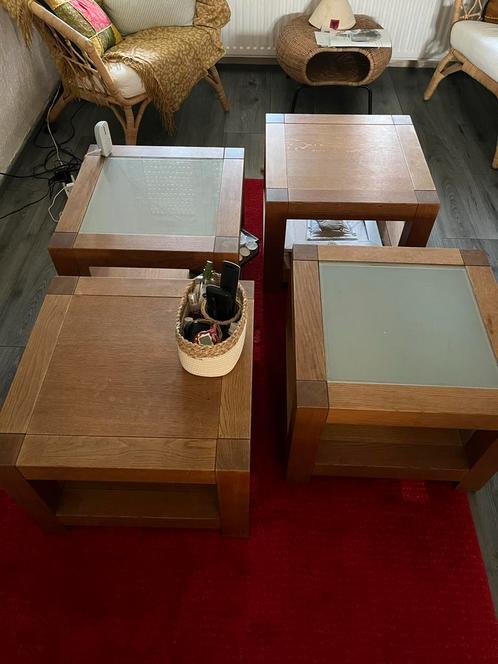 Salontafel set - Eikenhout & Glas, Huis en Inrichting, Tafels | Salontafels, Gebruikt, Minder dan 50 cm, 50 tot 100 cm, Vierkant