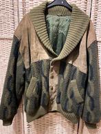 Vintage  khaki Leren Wollen Jas/Vest - Dames XXL/Heren M, Ophalen of Verzenden, Gedragen, Maat 42/44 (L), Groen