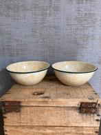 Antiek brocante set emaille schalen, wit/geel gespikkeld, Antiek en Kunst, Antiek | Emaille, Ophalen of Verzenden