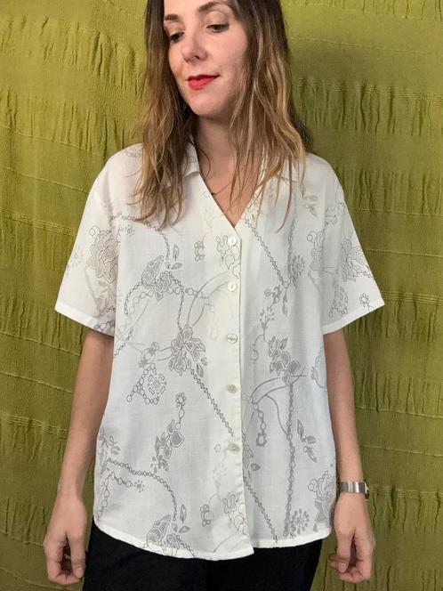 Vintage linnen blouse / shirt - print - wit - 40/42, Kleding | Dames, Blouses en Tunieken, Gedragen, Maat 38/40 (M), Wit, Ophalen of Verzenden