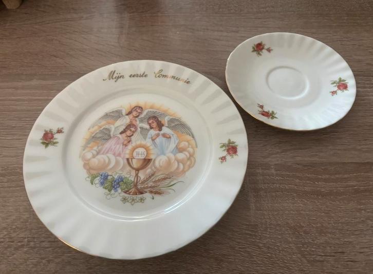Vintage Communie Bord en Schotel - Mijn Eerste Communie, Antiek en Kunst, Antiek | Servies los, Ophalen of Verzenden