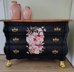 Zwarte Buikkast met Bloemen en Goud, Ophalen, Gebruikt, Vintage, 50 tot 100 cm
