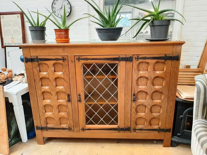 Massieve Eiken Kast met Glas in Lood, Huis en Inrichting, Kasten | Buffetkasten, Gebruikt, 100 tot 150 cm, 150 tot 200 cm, 25 tot 50 cm