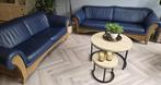 Blauw leren bankstel  met Loom, Huis en Inrichting, Banken | Bankstellen, Ophalen, Gebruikt, Driepersoons, 75 tot 100 cm