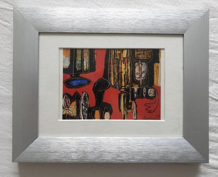 Antoon Rooskens - Afrikaanse Symbolen - Grafiekje in Lijst, Antiek en Kunst, Kunst | Schilderijen | Abstract, Ophalen of Verzenden